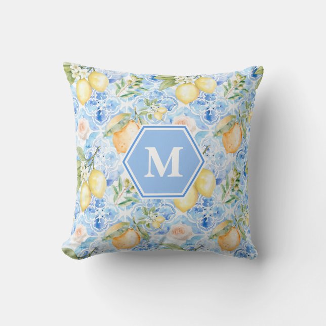 Mediterraan Blauwe Tegel Limoncello Monogram Naam Kussen (Voorkant)