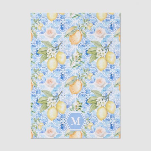 Mediterraan Blauwe Tegel Limoncello Monogram Naam Tissuepapier (Voorkant)