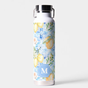 Mediterraan blauwe tegel Limoncello monogram naam Waterfles