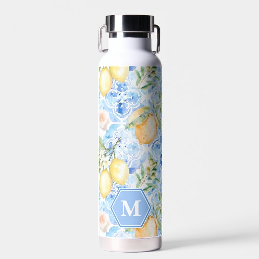 Mediterraan blauwe tegel Limoncello monogram naam Waterfles (Voorkant)