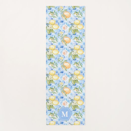 Mediterraan blauwe tegel Limoncello monogram naam Yogamat (Voorkant)