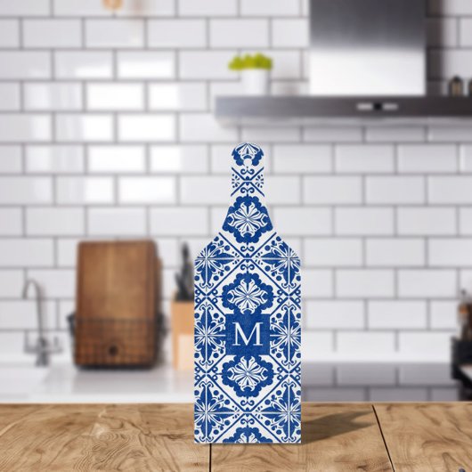 Mediterraan Blauwe Tegel Monogram Glas Snijplank