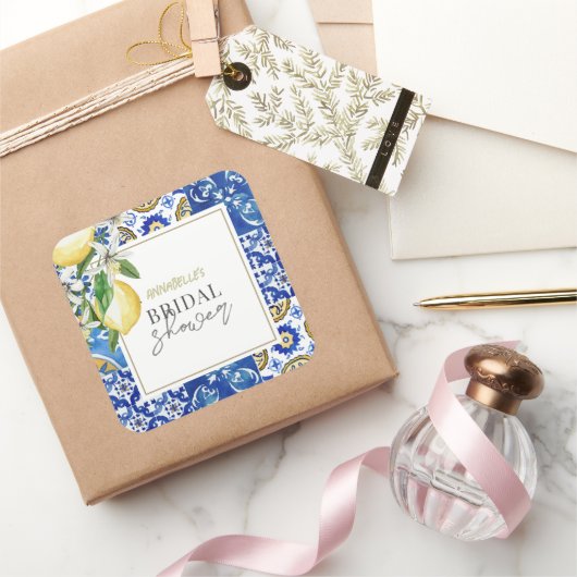 Mediterraan Blauwe Tegels Citroen Bruidsdouche Vierkante Sticker (Geschenken)