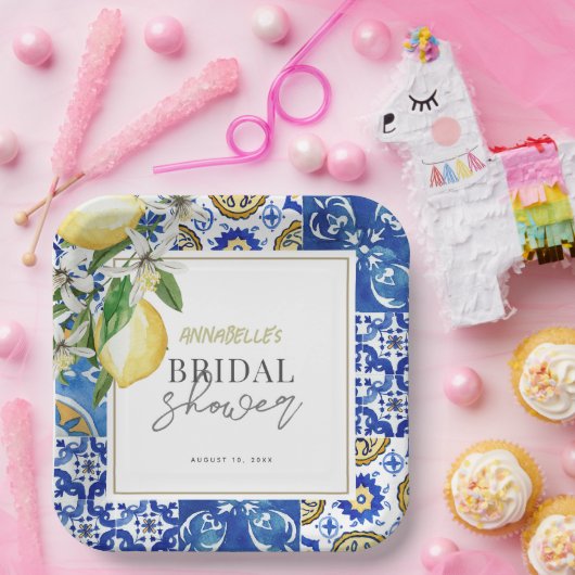 Mediterraan Blauwe Tegels Citroen Citroen Bruidson Papieren Bordje (Feest)