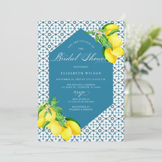 Mediterraan Blauwe Tegels Citroen Vrijgezellenfees Kaart (Staand voorkant)