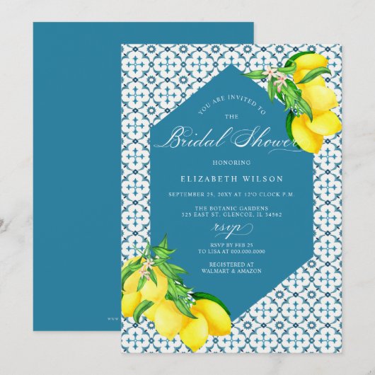 Mediterraan Blauwe Tegels Citroen Vrijgezellenfees Kaart (Voorkant / Achterkant)