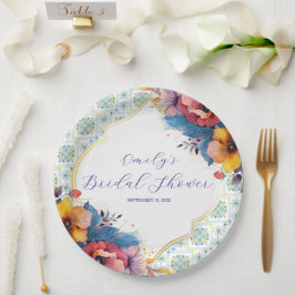 Mediterraan blauwe tegels Elegante bruidsdouche Papieren Bordje