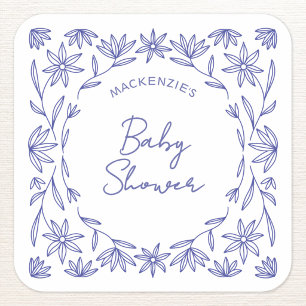 Mediterraan Blauwe Wilde Bloemen Baby Shower Vierkante Sticker