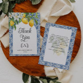 Mediterraan Blauwe Witte Monogram Citroenen Trouwf Bedankkaart