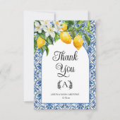 Mediterraan Blauwe Witte Monogram Citroenen Trouwf Bedankkaart (Voorkant)