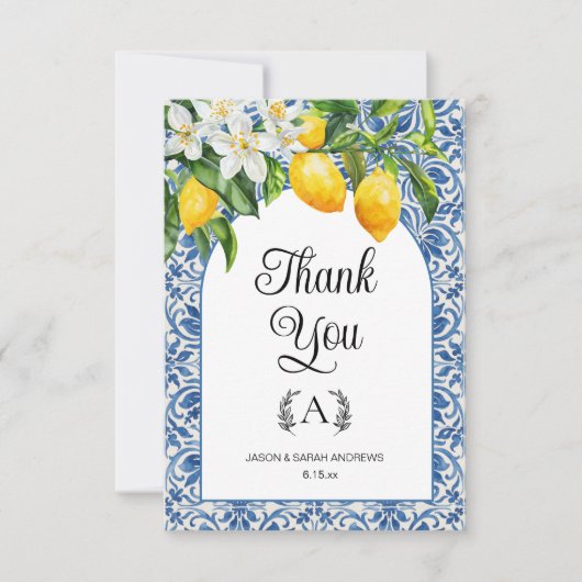 Mediterraan Blauwe Witte Monogram Citroenen Trouwf Bedankkaart (Voorkant)