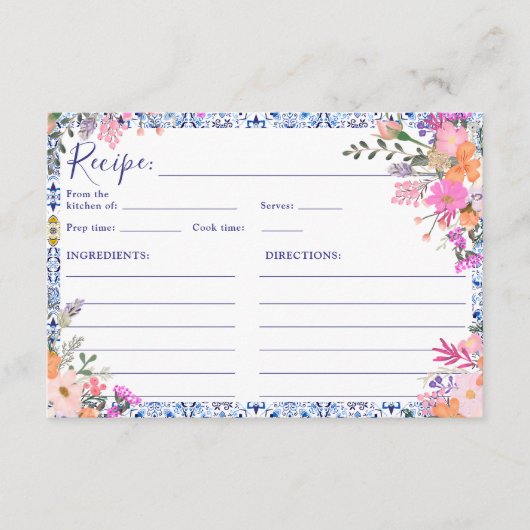 Mediterraan Bloemen Tegel Vrijgezellenfeest Recept Informatiekaartje (Voorkant)
