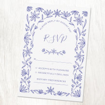 Mediterraan bloemmotief blauw witte trouw RSVP kaa