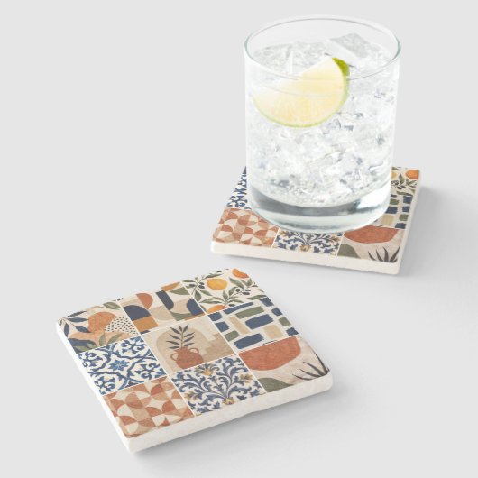 Mediterraan Boho-tegelpatroon Stenen Onderzetter (Zijkant)