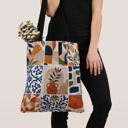 Mediterraan Boho-tegelpatroon Tote Bag (Dichtbij)