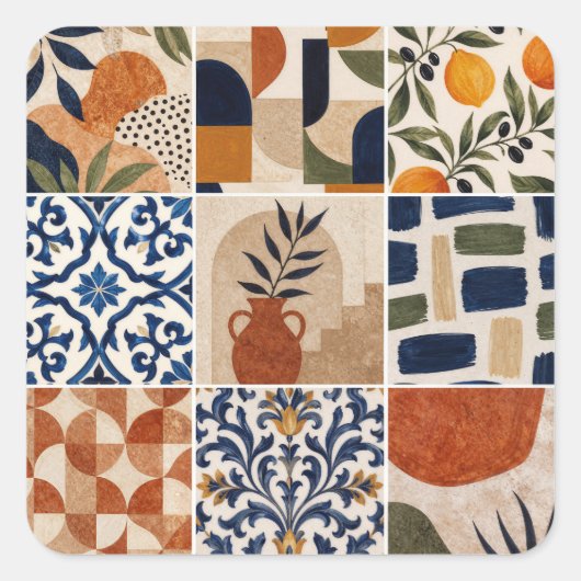 Mediterraan Boho-tegelpatroon Vierkante Sticker (Voorkant)