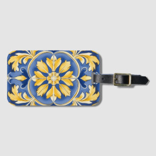 Mediterraan botanisch patroon - blauw en geel bagagelabel