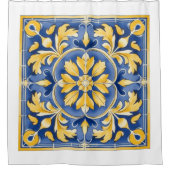 Mediterraan botanisch patroon - blauw en geel douchegordijn (Voorkant)