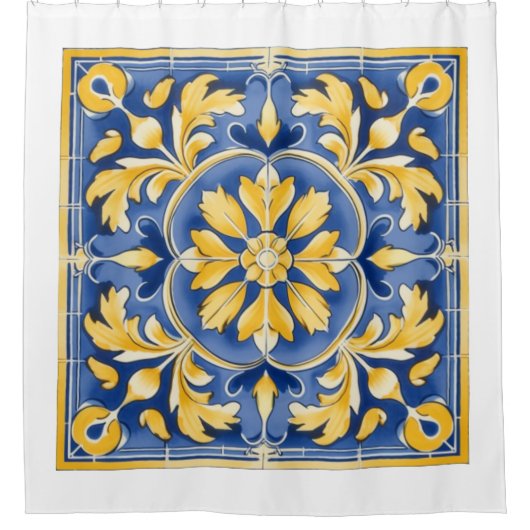 Mediterraan botanisch patroon - blauw en geel douchegordijn (Voorkant)