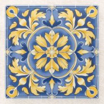 Mediterraan botanisch patroon - blauw en geel