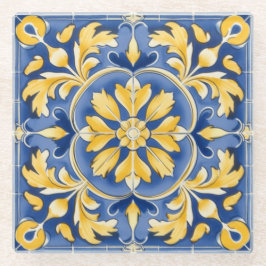 Mediterraan botanisch patroon - blauw en geel glazen onderzetter