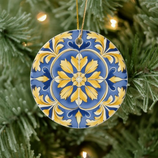 Mediterraan botanisch patroon - blauw en geel keramisch ornament (Boom)