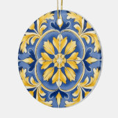 Mediterraan botanisch patroon - blauw en geel keramisch ornament (Links)