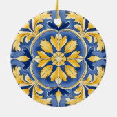 Mediterraan botanisch patroon - blauw en geel keramisch ornament (Achterkant)