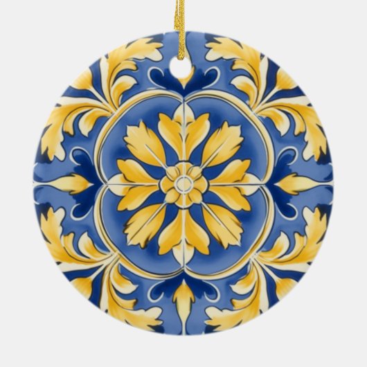 Mediterraan botanisch patroon - blauw en geel keramisch ornament (Achterkant)