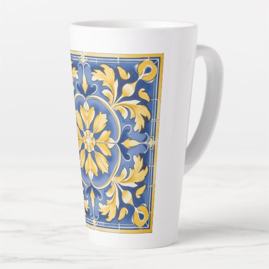Mediterraan botanisch patroon - blauw en geel latte mok (Rechterhoek)