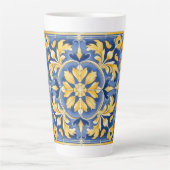 Mediterraan botanisch patroon - blauw en geel latte mok (Voorkant)