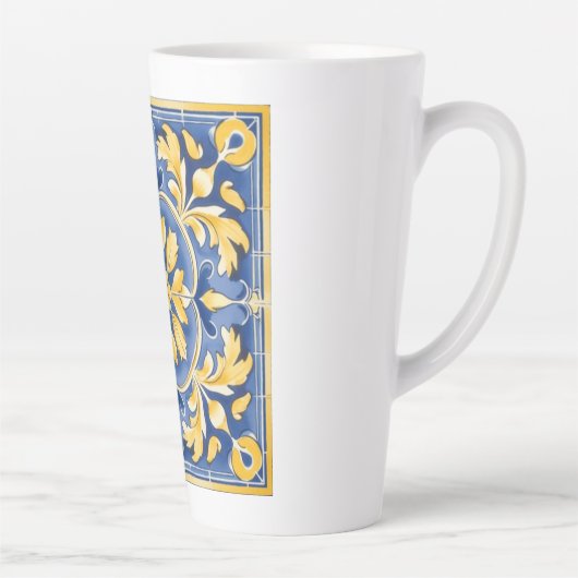 Mediterraan botanisch patroon - blauw en geel latte mok (Rechts)