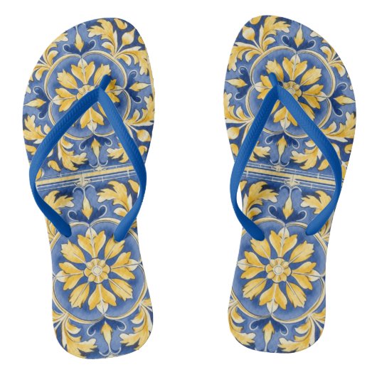 Mediterraan botanisch patroon - blauw en geel teenslippers (Voetbed)