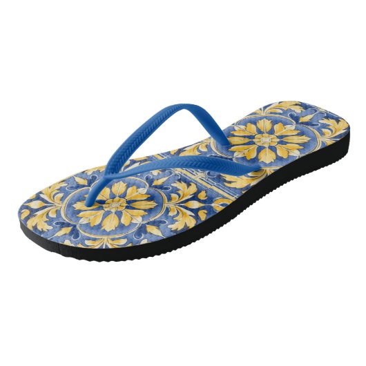 Mediterraan botanisch patroon - blauw en geel teenslippers (Schuin)
