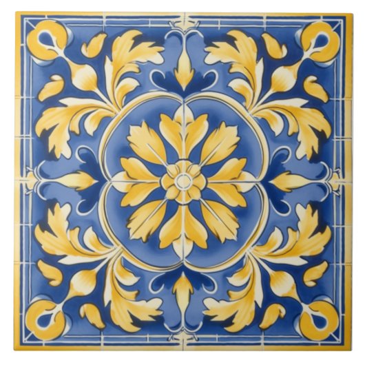 Mediterraan botanisch patroon - blauw en geel tegeltje (Voorkant)