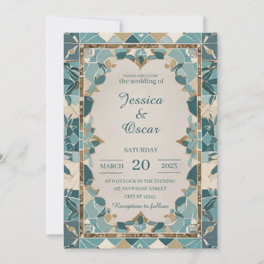 Mediterraan bruiloft ontwerp – Blauwgroen & gouden Kaart (Voorkant)