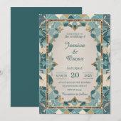 Mediterraan bruiloft ontwerp – Blauwgroen & gouden Kaart (Voorkant / Achterkant)