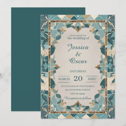 Mediterraan bruiloft ontwerp – Blauwgroen & gouden Kaart (Voorkant / Achterkant)