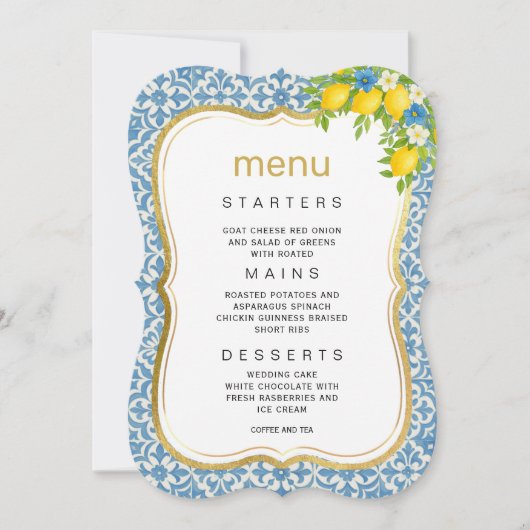 Mediterraan citroen en blauw Tegel bruiloft menu Kaart (Voorkant)