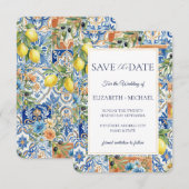 Mediterraan citroen tegel blauw bloemmotief citrus save the date (Voorkant / Achterkant)