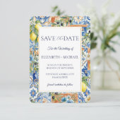 Mediterraan citroen tegel blauw bloemmotief citrus save the date (Staand voorkant)