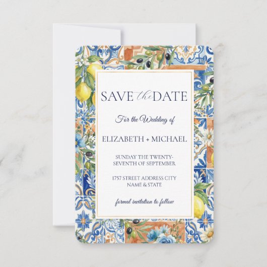 Mediterraan citroen tegel blauw bloemmotief citrus save the date (Voorkant)