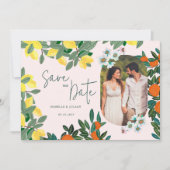 Mediterraan Citrus Bloem Bruiloft Save the Date (Voorkant)