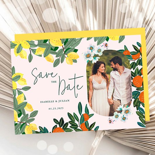 Mediterraan Citrus Bloem Bruiloft Save the Date