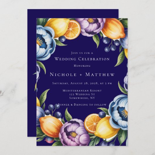 Mediterraan citrus boeket bruiloft kaart (Voorkant / Achterkant)