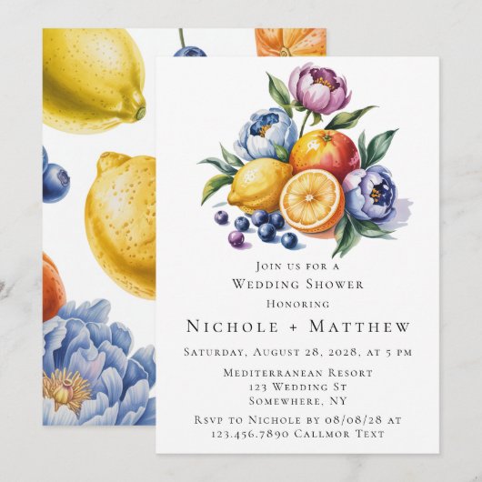 Mediterraan Citrus Boeket Trouwdouche Kaart (Voorkant / Achterkant)