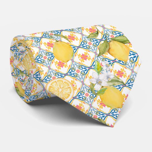 Mediterraan Citrus Citroen Patroon Stropdas (Opgerold)