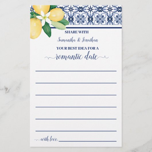 Mediterraan Deel een Datum Idee Douche Game Kaart (Voorkant)
