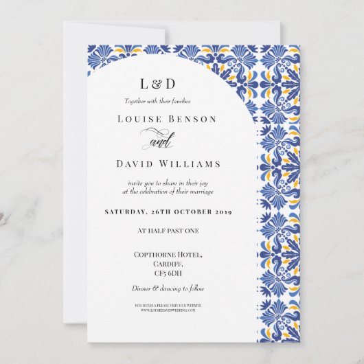 Mediterraan Elegant Blauw en Geel Huwelijk Kaart (Voorkant)