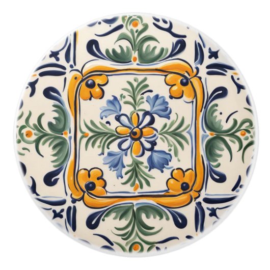 Mediterraan Geel & Blauw Bloem Folk Art Bloemen Keramische Knop (Voorkant)